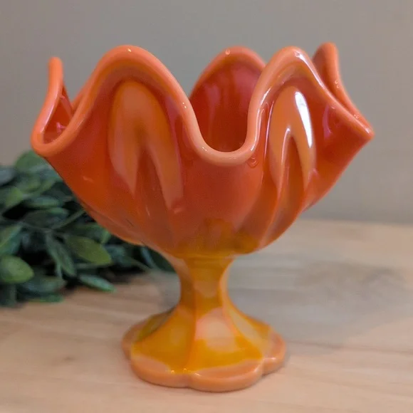 L.E. Smith Vintage Bittersweet Orange Swag Glass Compote